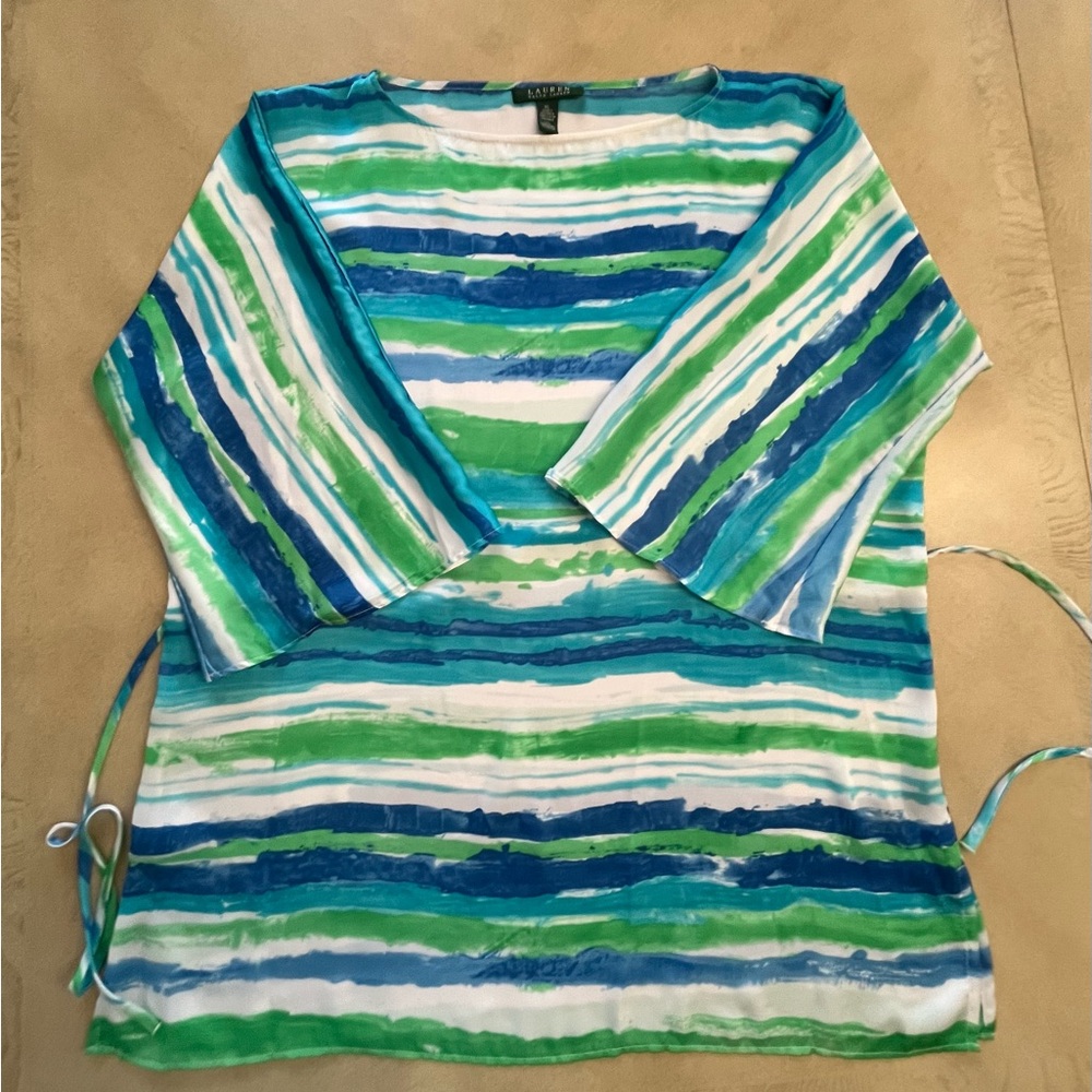 Lauren Ralph Lauren Blue & Green Watercolor Stripe Top Size XL - Picture 9 of 9
